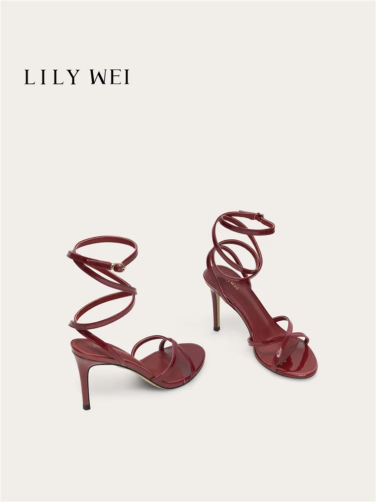 

Summer new style wine red patent leather cross-belt stiletto heels sandals banquet large size small size high-heeled women shoes