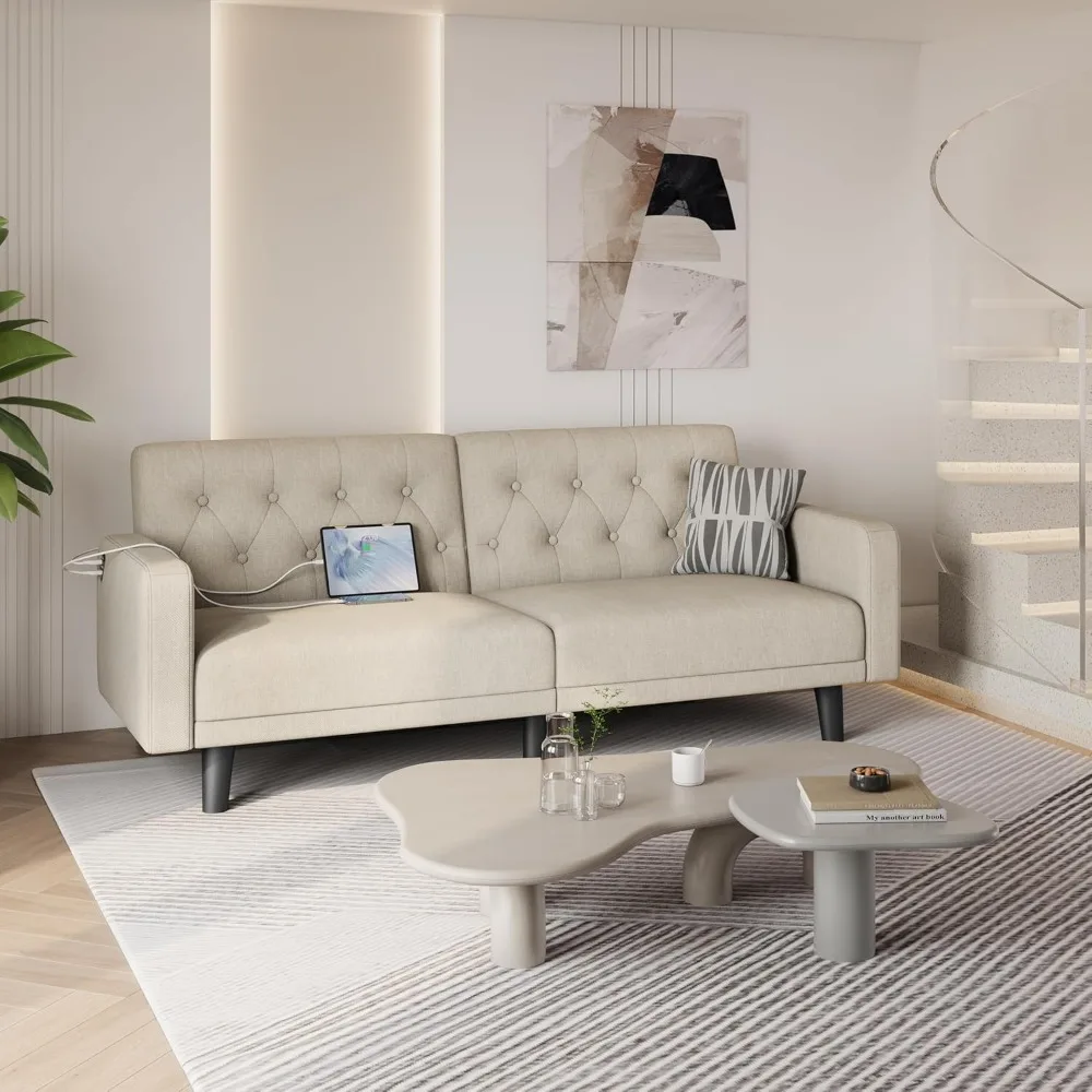 63 Convertible Couch Small Futon Sofa Bed with 2 USB Ports, Reclining Backrest & Removable Armrests, Mid Century Moder