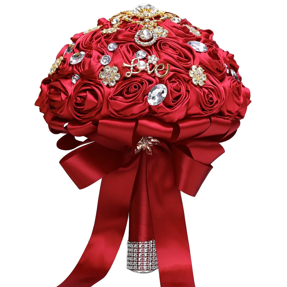 1 pzas/lote rosa roja ramo de novia de lujo Joaquin Rhinestone satén flor Artificial dama de honor ramo eterno de boda