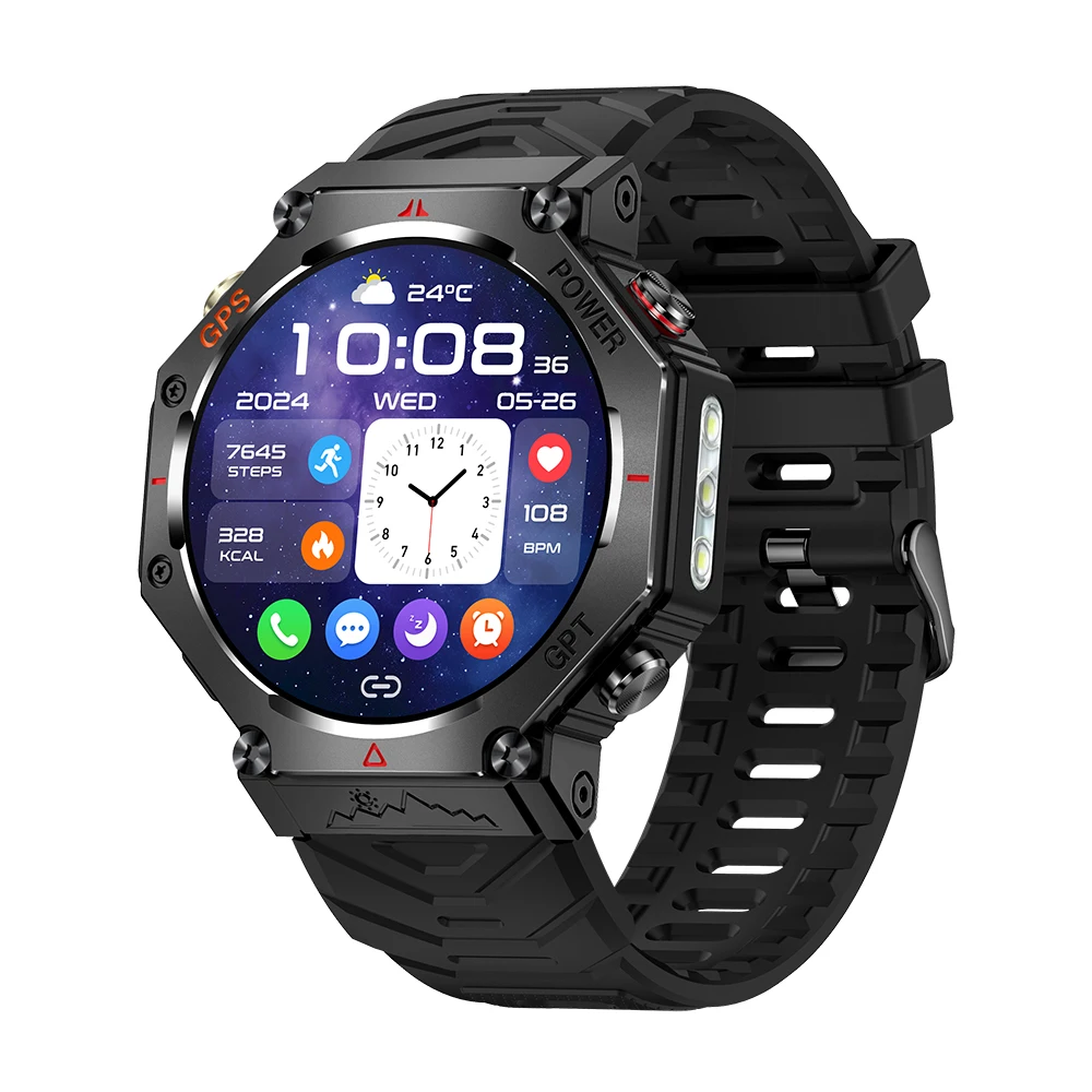 TJXL-TKYUAN KC91 ساعة ذكية رياضية مستديرة GPS 2025 مع مصباح يدوي شاشة 1.39 بوصة 30 متر مقاومة للماء GhatGPT Relojes ساعة ذكية لـ