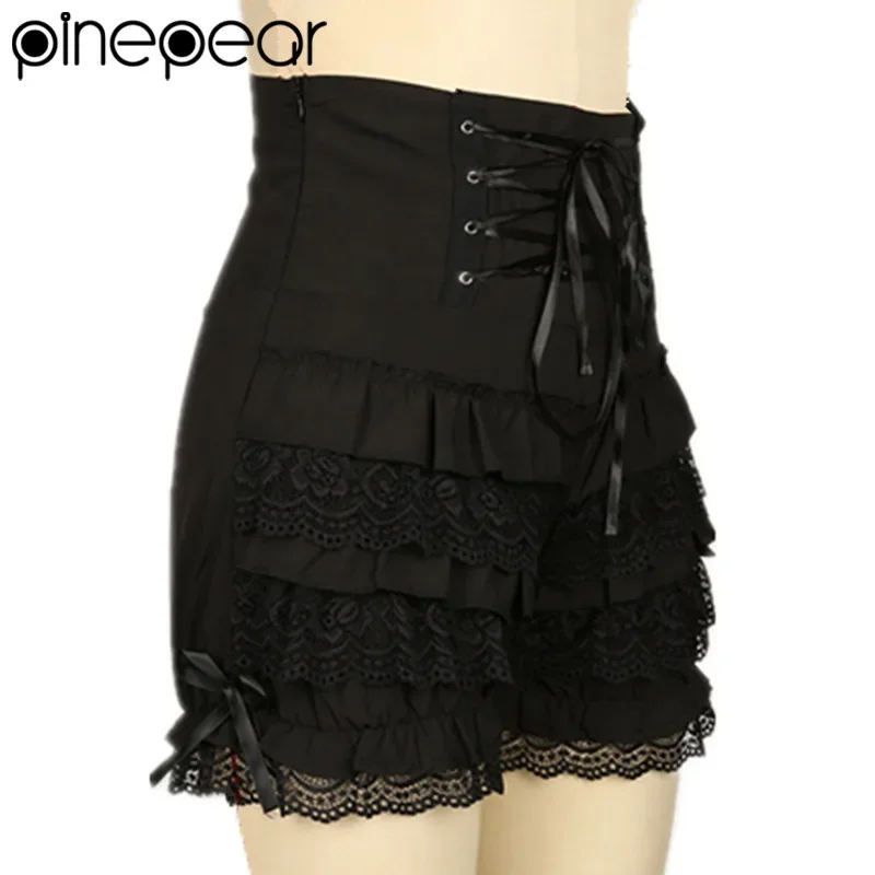 PinePear 2025 Girl Cute Black Gothic Steampunk Lolita Ruffle Lace Pumpkin Bloomer Fashion High Waist Shorts Cosplay Little Devil