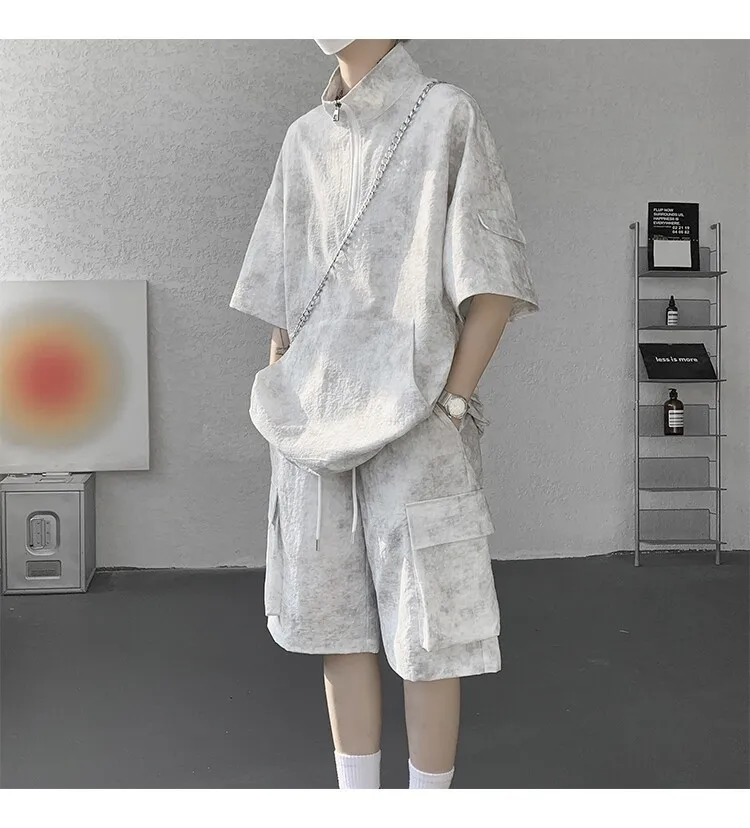 2026 Sommer Hong Kong Style Halb-Reißverschluss-Färbe-Set aus Eisseide mit Kühlfunktion, zweiteiliges Sportswear-Outfit im Hanfu-Stil mit kurzen Ärmeln – Detail 7