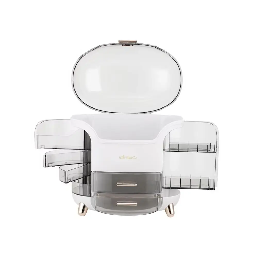 صندوق تخزين مكياج أنيق ، منظم بسعة كبيرة مع أدراج ، حاملات أحمر شفاه ، مقصورات فرشاة دوارة ، أبيض ، 28x20x34cm #4