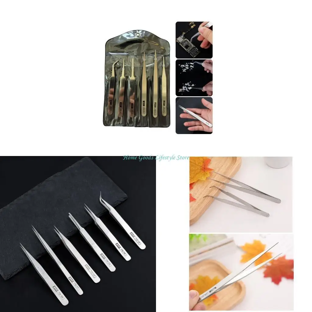 E74E Essential 6Piece Stainless Steel Tweezer Set Bent Straight Tweezers Repair Tool