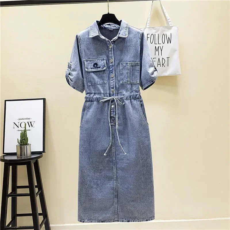 

Short Sleeve Jeans Dress Women's Spring Summer Waist Over The Knee Denim Dress Female Buttons Casual Shirt Dresses CY449