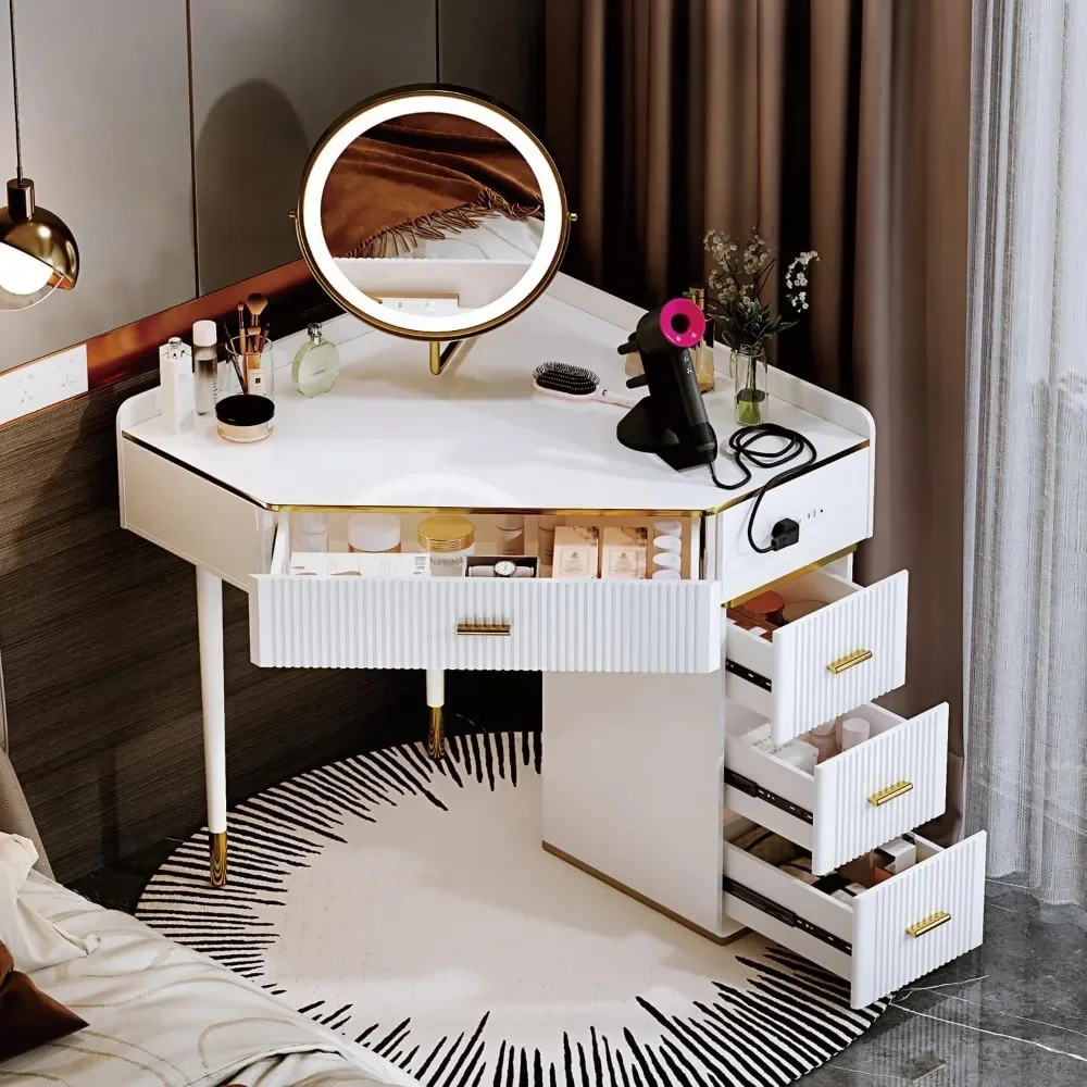 Makeup Vanity Desk with Mirror and Lights, Modern White Corner Table, Large Size Corner Vanity Desk, Table with 4 Drawers