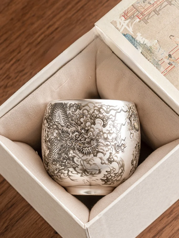 Taza de Té Plateada con Diseño de Dragón Jugando con una Bola, Juego de Té Gongfu, Taza Individual, Taza de Té de Estilo Chino, Taza Personal, Taza de Té para Uso Doméstico