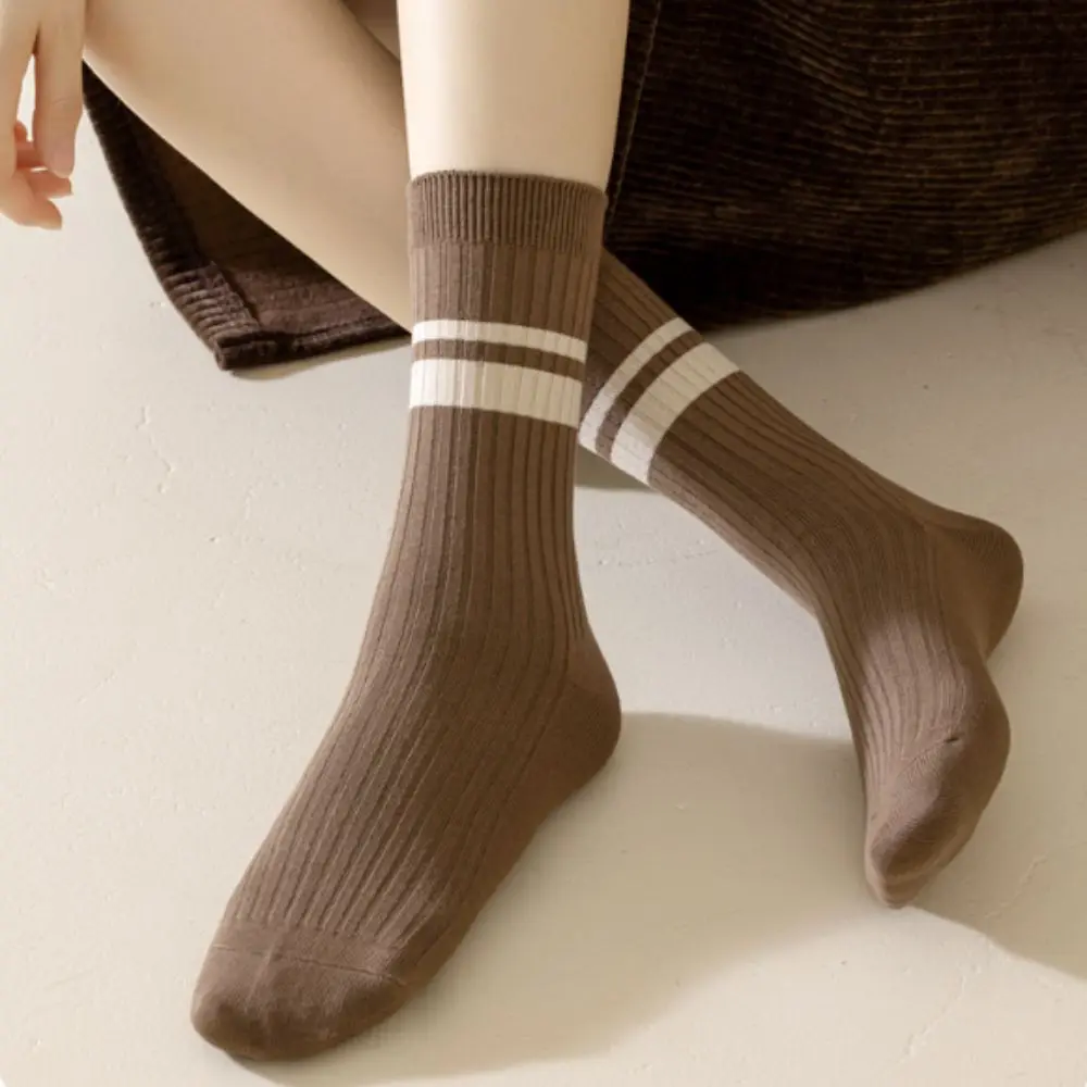 

5Pairs Comfortable Retro Women's Cotton Socks Soft Breathable Stripe Tube Socks Thin Hosiery Mid-calf Socks Keeping Warm