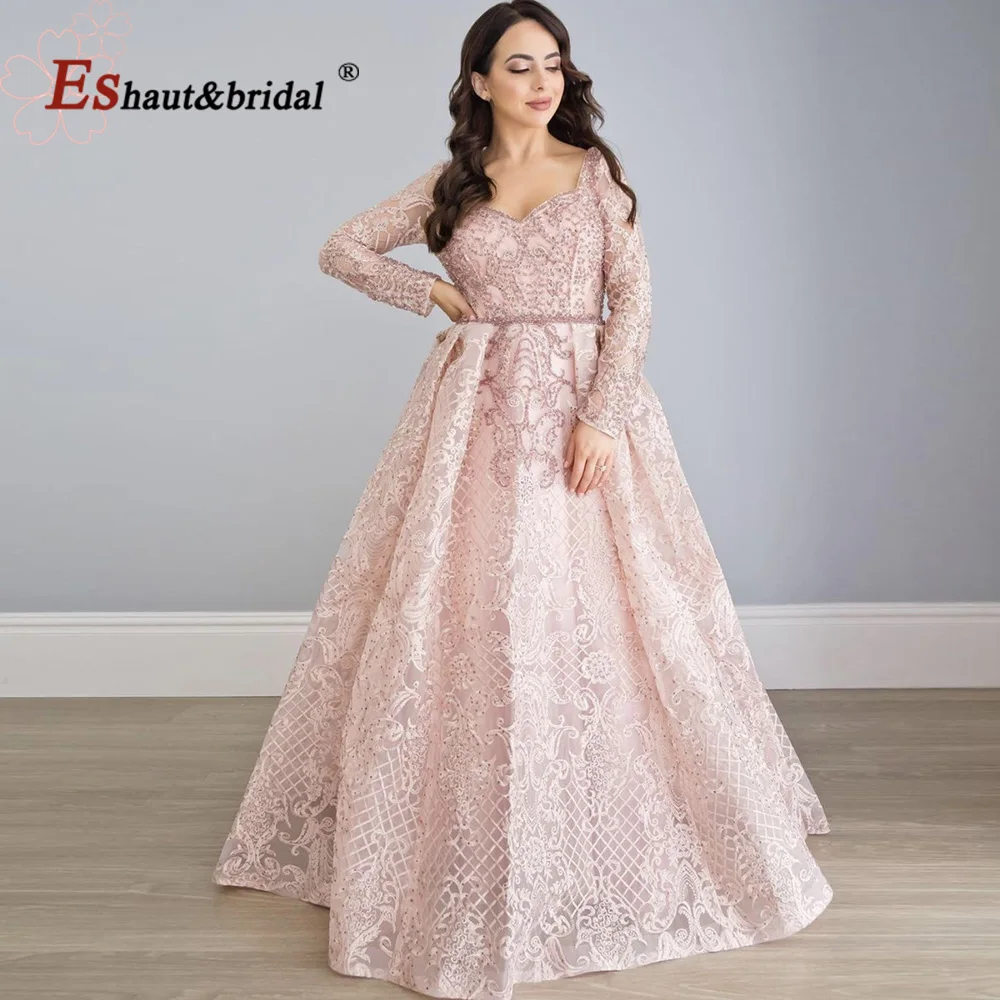 Elegant Dubai Lace Evening Dress for Women 2024 V Neck Aline Crystal Long Sleeves Formal Prom Wedding Party Gowns Customized