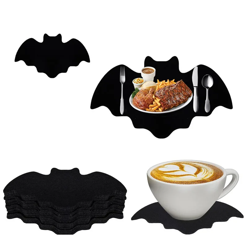 2pcs Felt Bat Mats Halloween Table Mat Black Bat Anti Slip and Heat-resistant Tableware Mat Party Table Halloween Decoration