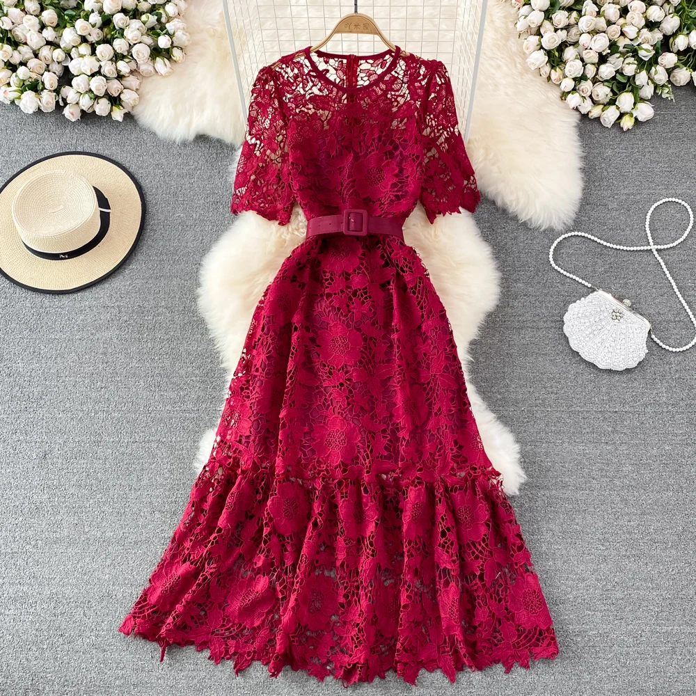 Ladies Elegant Cutout Crochet Lace Lilac Dresses Women Summer Solid Midi Dress With Belt Fashion Vestidos Female Robe