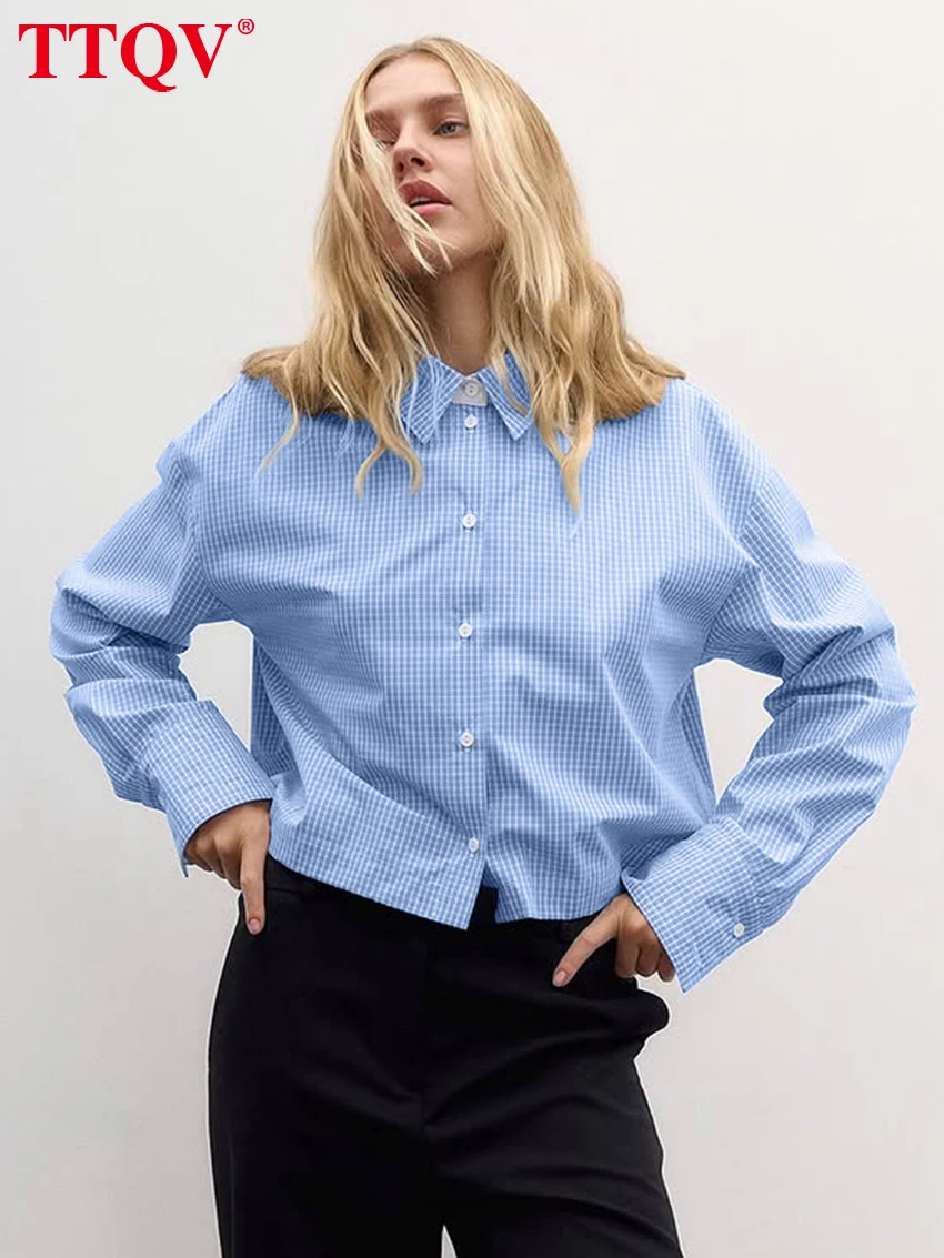 TTQV Fashion Loose Blue Plaid Women's Blouse Spring Lapel Long Sleeve Lady Shirt Elegant Classic Top Female Clothing 2027
