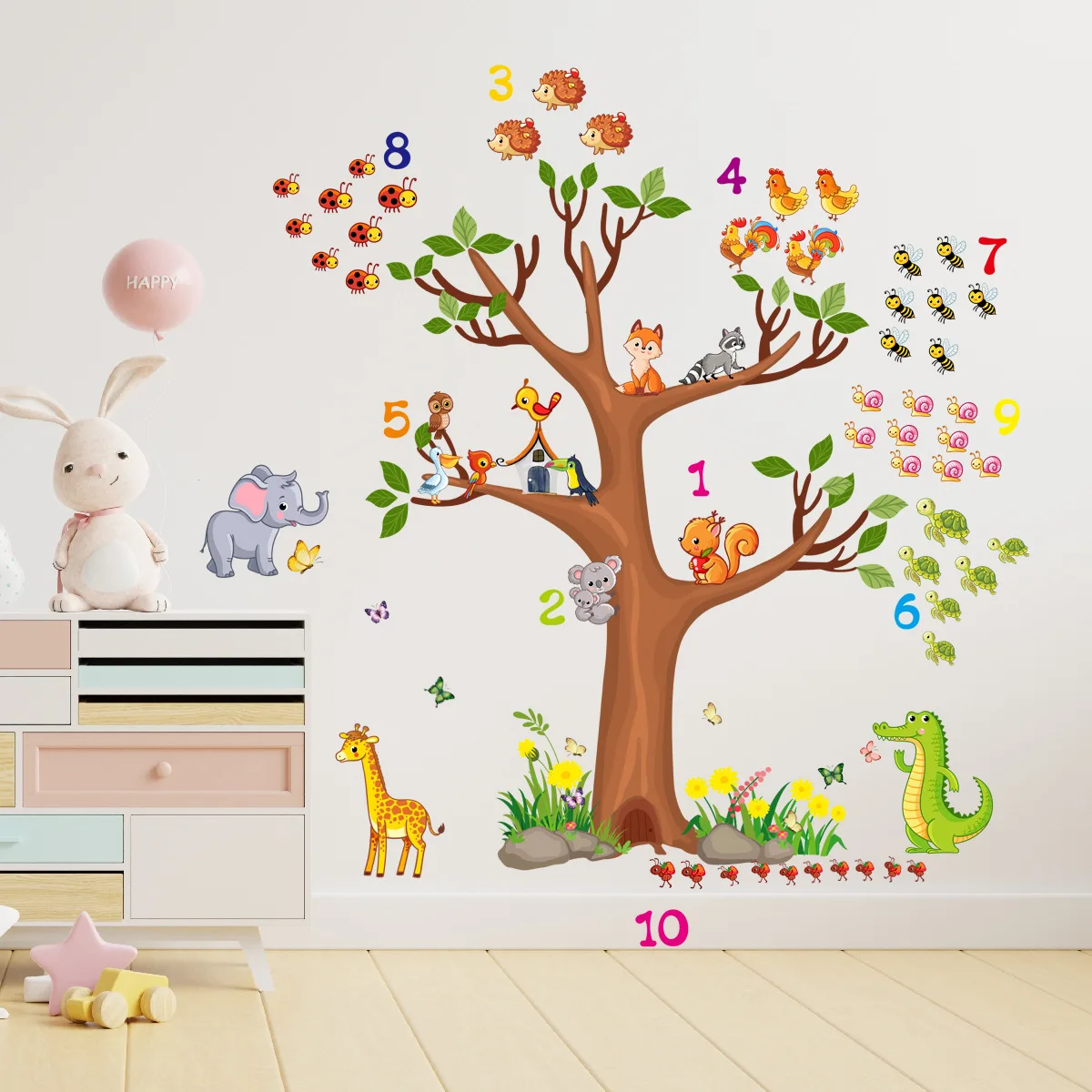 Mural de pájaro de árbol grande para habitación de niños, pegatina de pared de animales de dibujos animados, autoadhesiva, decoración de jardín de