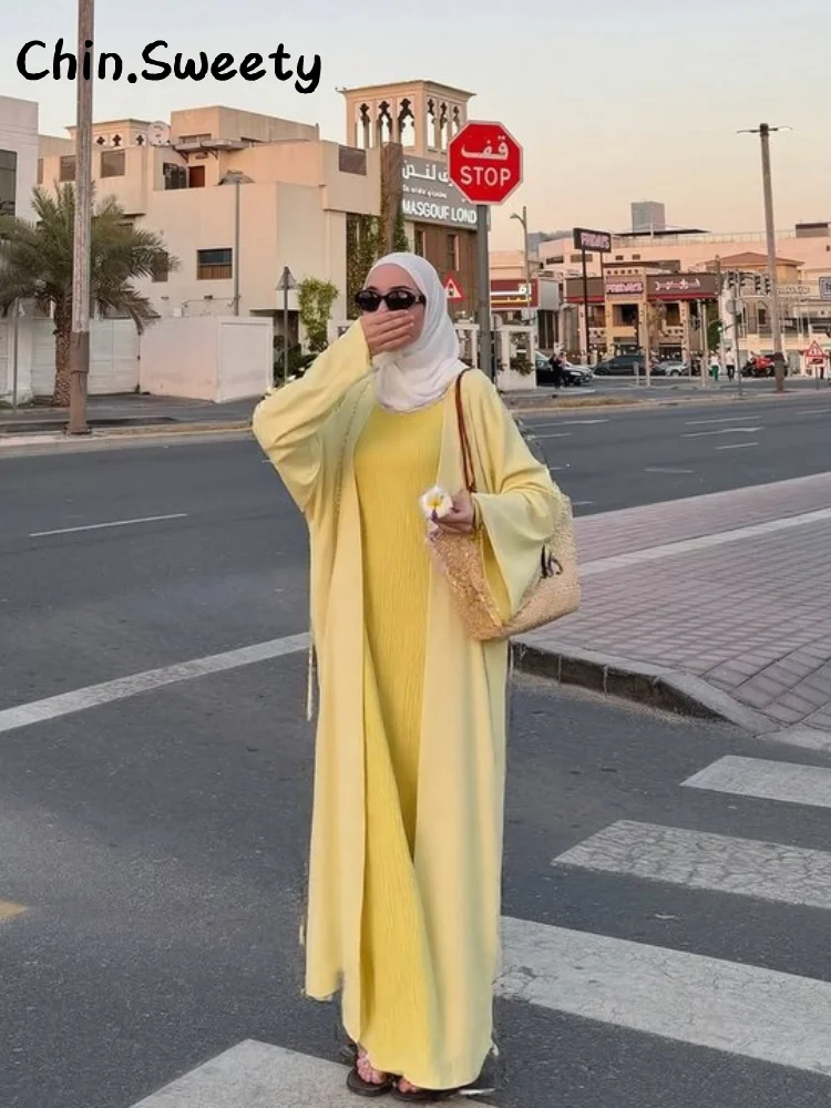 

Elegant Long Cardigans Dress Sets Women Yellow O-neck Sleeveless Pleated Dresses Full Sleeve Cardigan 2025 Summer Lady Chic Suit