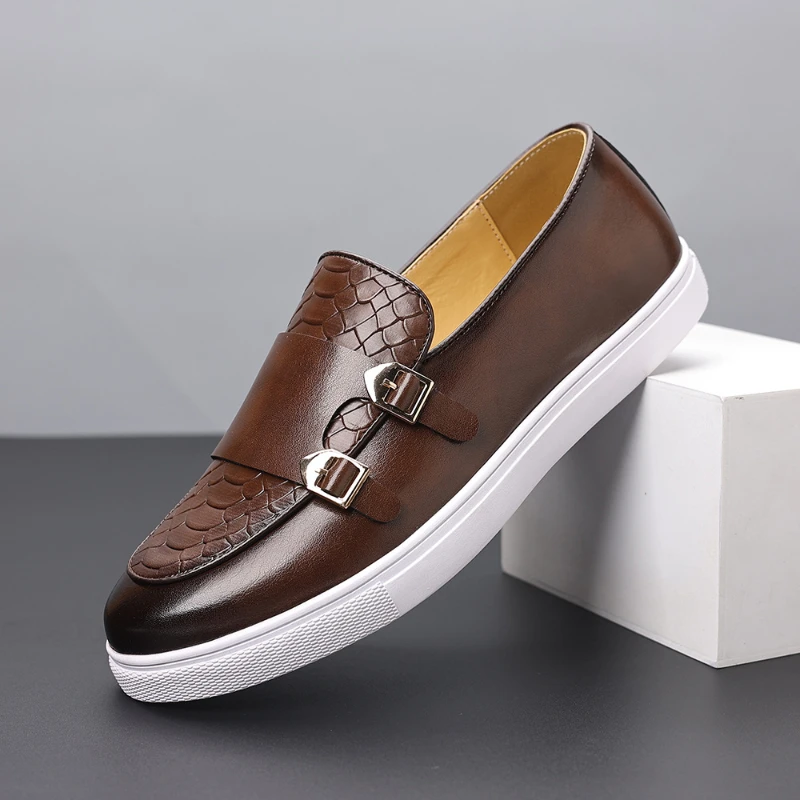 Mens Brown Crocodile Embossed Leather Monk Strap Loafers Slip On Casual Shoes With Double Buckles And White Sole For Daily Wear