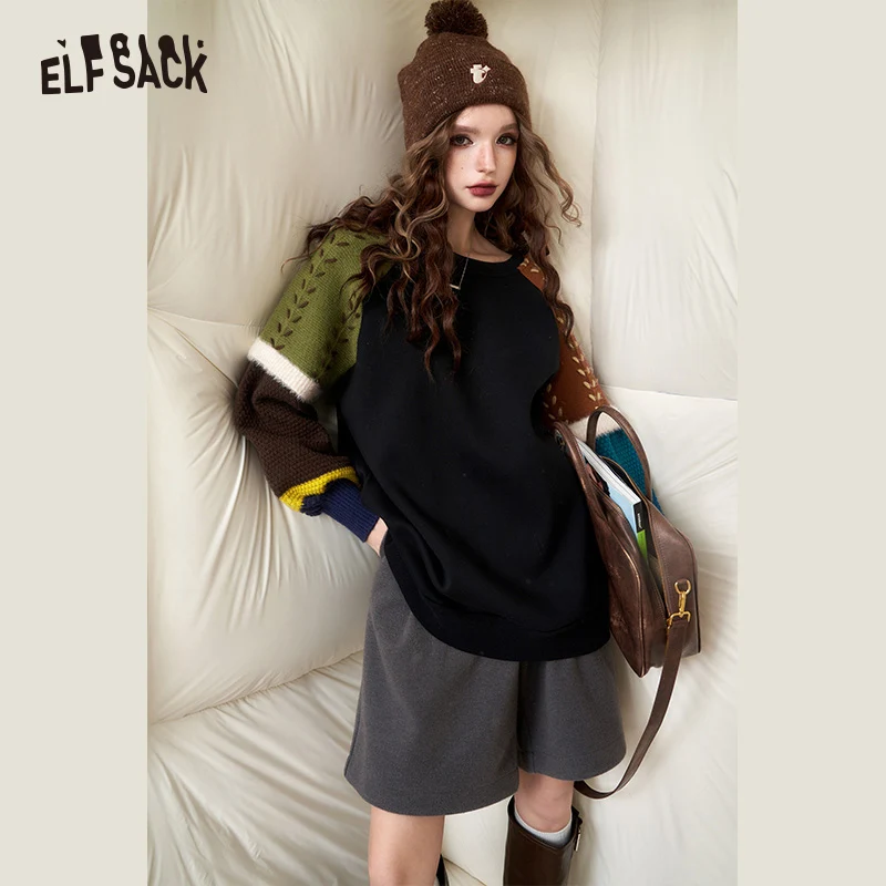 

ELFSACK Korean Fashion Fleece Sweatshirt Women 2023 Winter New Spliced Plus Size Tops