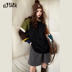 ELFSACK Korean Fashion Fleece Sweatshirt Women 2023 Winter New Spliced Plus Size Tops