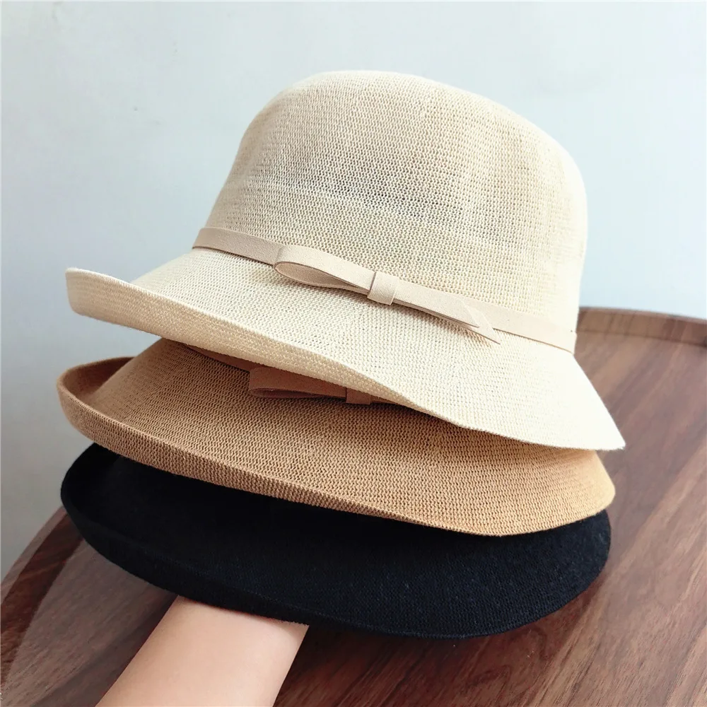 

Elegant bow bow top hat for women spring summer cotton linen breathable sunscreen fisherman hat Korean version travel sun hat