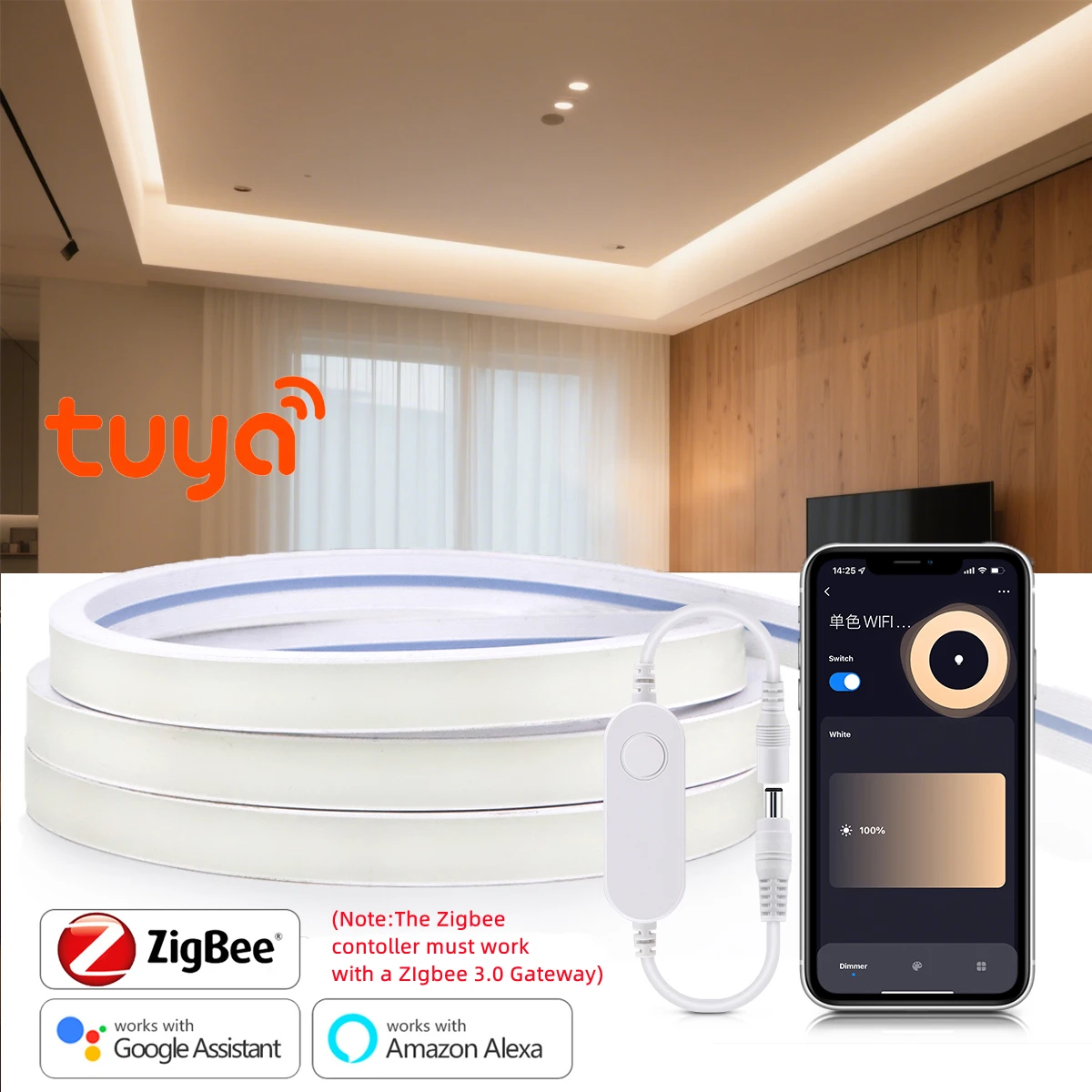 

12 В Tuya Zigbee 3,0 неоновая светодиодная лента 1 м-5 м супер яркая гибкая лента с регулируемой яркостью приложение голосовое управление для Alexa Google SmartThing