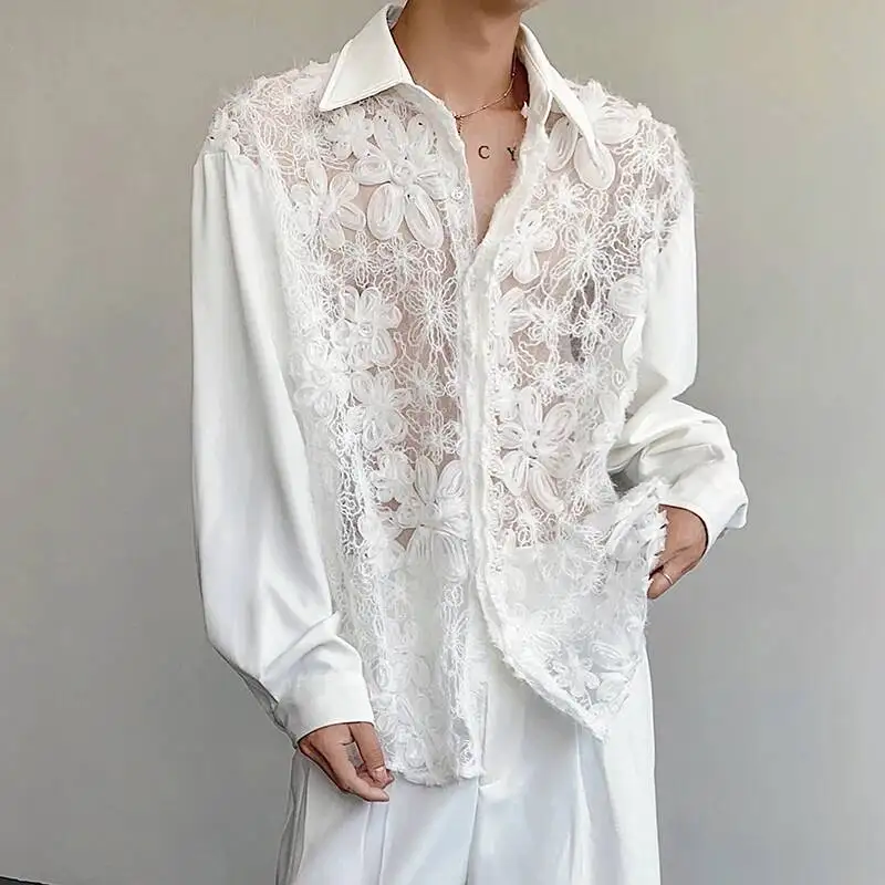 Niche Design Men Shirts Turn-down Collar Hollow Out Pearl Lace -up Patchwork Loose Solid Color Male Long Sleeved Top 9W85IC