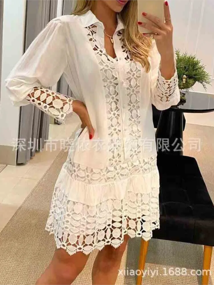 Hollow Elegant Long Sleeve Lapel Single Breasted Shirt Dress Women's Fashion Solid Color Lace-Up Without Lining Dresses Female