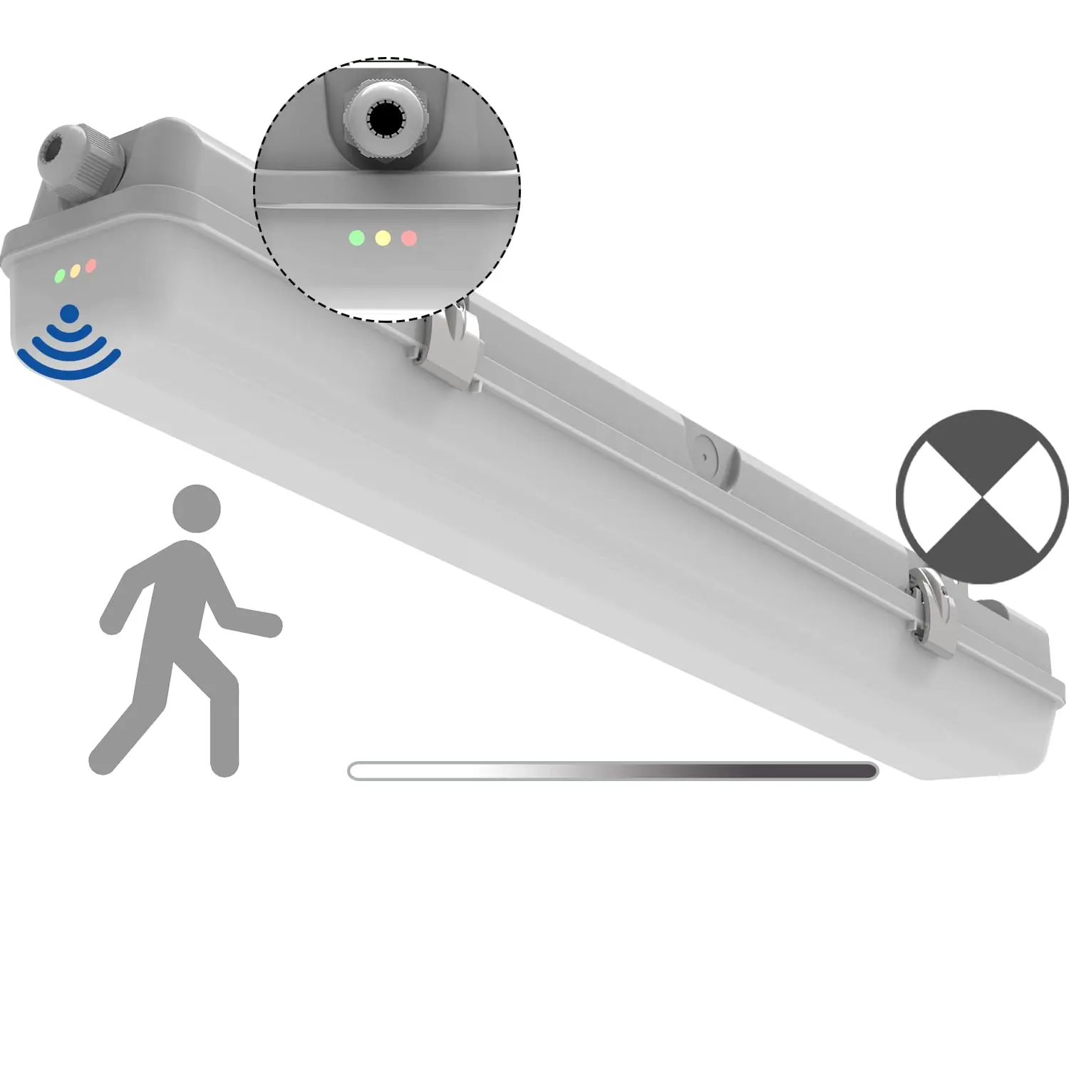 

2 Foot Tri-Level Motion Sensor LED Vapor Tight Emergency Light, Battery Backup, IP65 20W 2500lm 5000K Dimmable for Carport, FCC