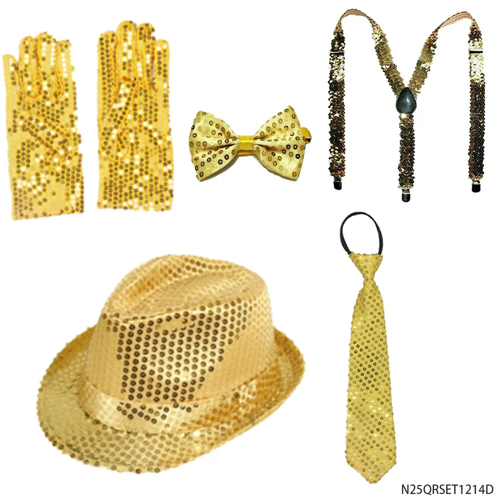 Zestaw Kostiumowy w Stylu Retro z Lat 90. z Złotymi Cekinami: Kapelusz Fedora, Szelki, Krawat, Muszka, Rękawiczki, Akcesoria Imprezowe