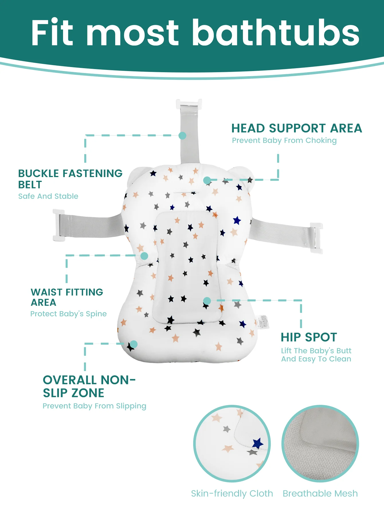 Baby Bath Support Seat Star Pattern Print 3D Breathable Mesh Soft Padded Pillow Non-Slip Infant Newborn Bath view 4
