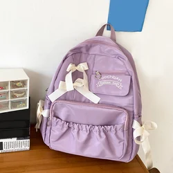 Popular Purple Color Bowknot Fashion Backpack Canvas School Bag for Teenager Girls Black White Women shoulder bag Nylon Book Bag