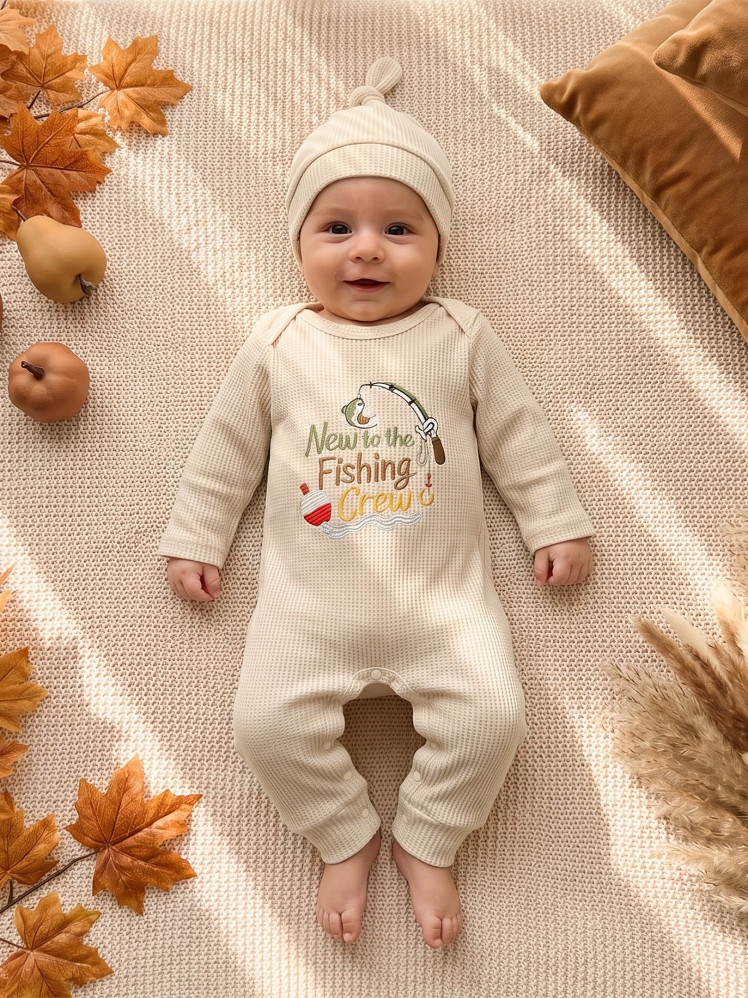 With Beanie Angling Outfit Romper With Beanie Hat Romper-With-Beanie Angling-Embroidery Embroidery Baby Boy Waffle