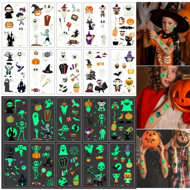 10 قطعة/المجموعة هالوين المؤقتة وهمية الوشم ملصقات للأطفال الفتيات الفتيان اليقطين الجمجمة توهج في الظلام الوشم اليد الوجه الجسم
