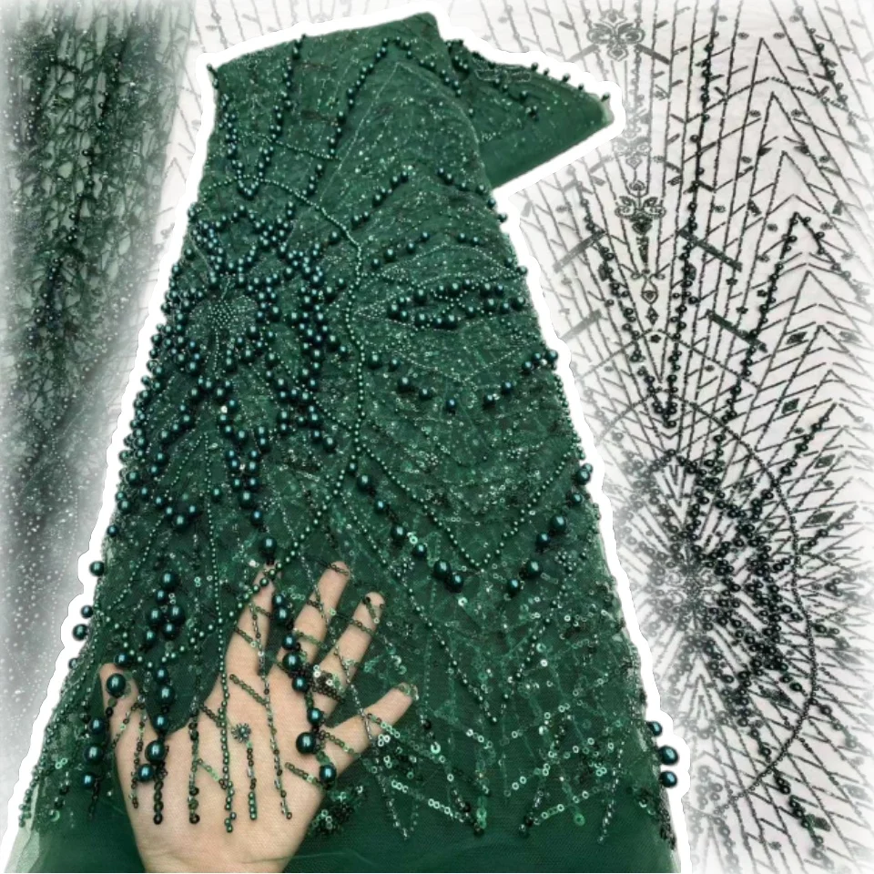 

Роскошная африканская кружевная ткань, 5 ярдов, бархатная кружевная тюль с бисером, кружевная ткань, вышитая нигерийская ткань для шитья свадебного платья TP1658