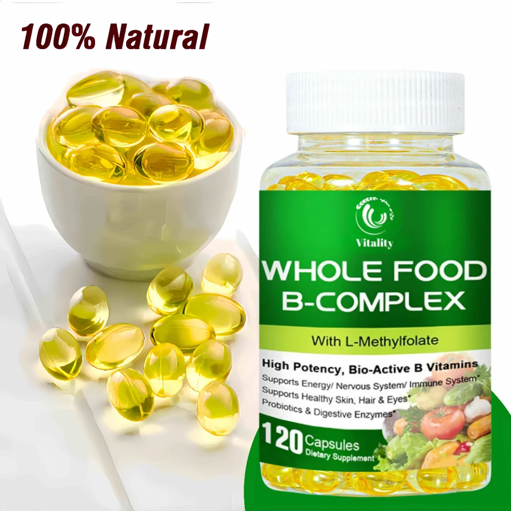 Vitamin B Complex Capsules B1, B2, B3, B5, B6, B7, B9, B12 Whole Food Supplement for Stress, Energy and Immune Support Non-GMO