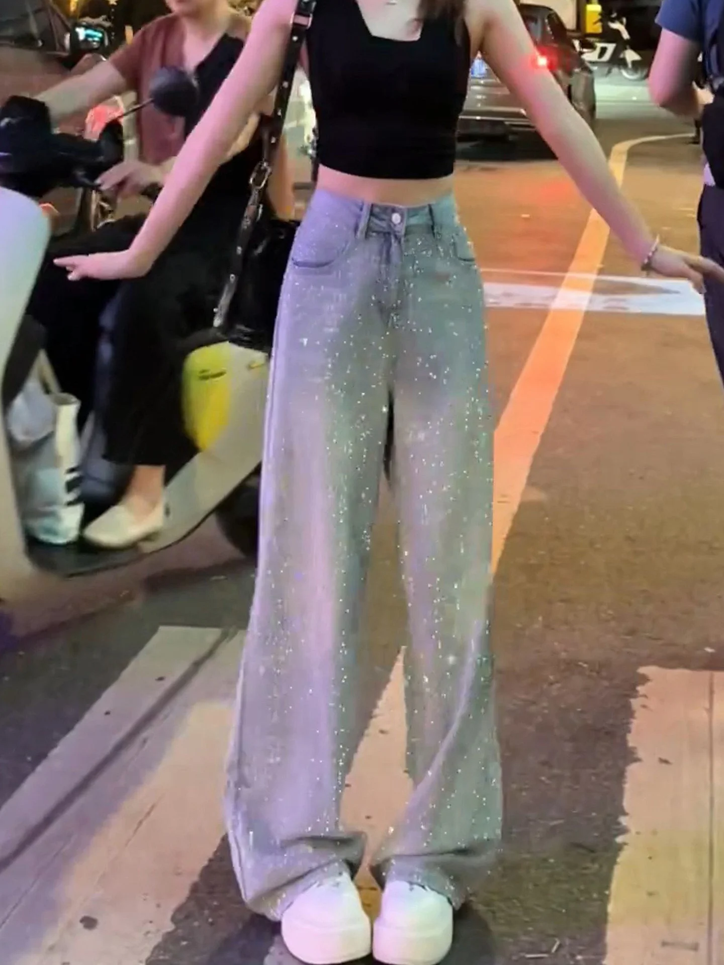 

Shiny Star Rhinestone Straight Leg High Waist Wide Leg Jeans Women's Design Sensation Slimming Loose Fit Floor-Length Pants