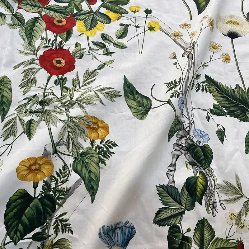 Brand Blue and White Plant Flower Digital Printing Simulation Silk twill Cotton Fabric High Quality Clothing Dress DIY Fabric