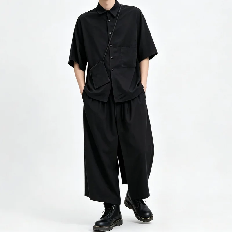 Men'S Casual Pants, New Dark And Asymmetrical Wide-Leg Design, Faux Two-Piece Skirt Pants, Loose-Fitting, Cropped Length