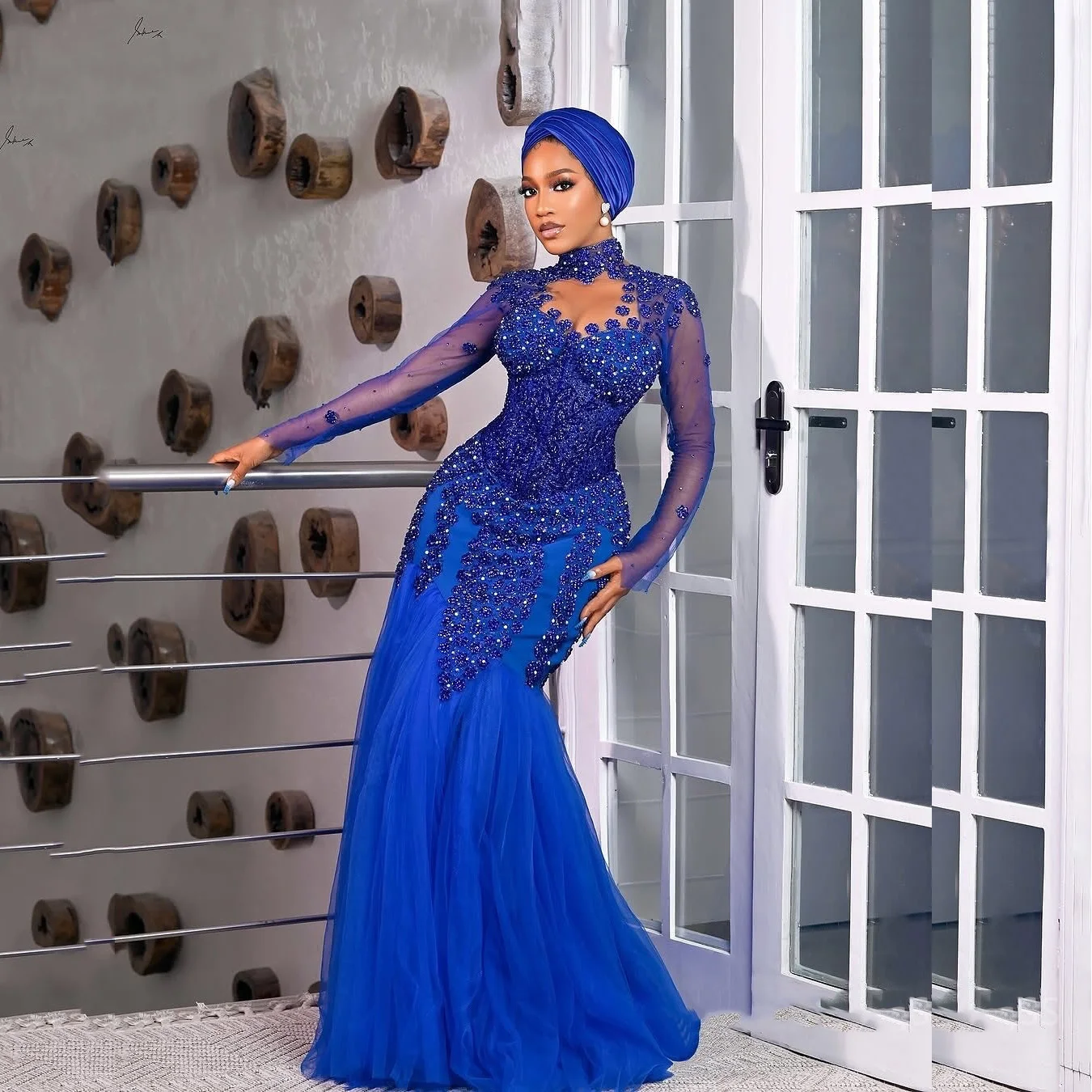 

Aso Ebi Royal Blue Prom Dresses Pleated Mermaid Tulle Evening Gowns with Sleeves Long Gorgeous Formal Dress Beaded Applique