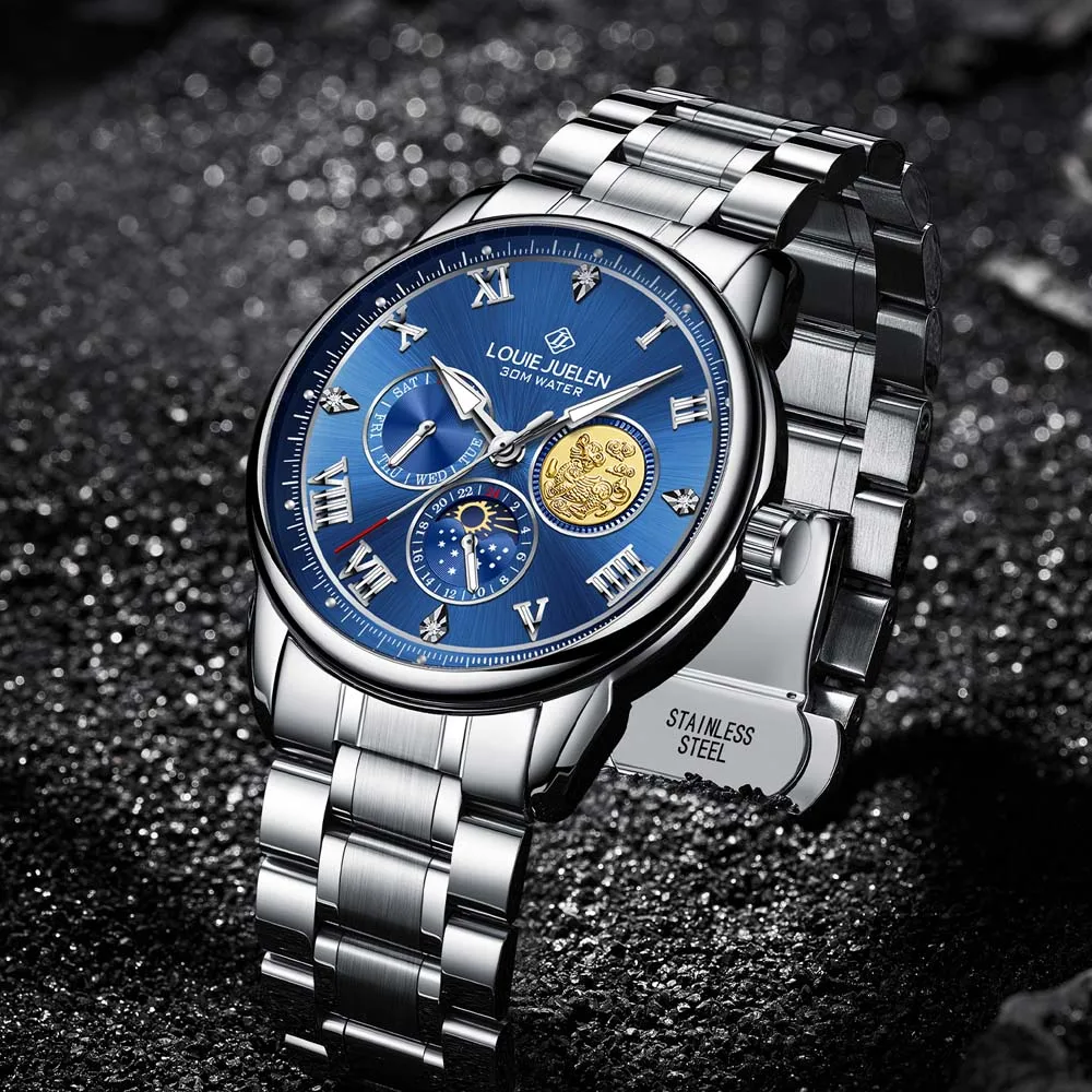 LOUIE JUELEN Men's Quartz Watch Luminous Sun Moon and Stars Men's Watch Clock New часы мужские наручные reloj
