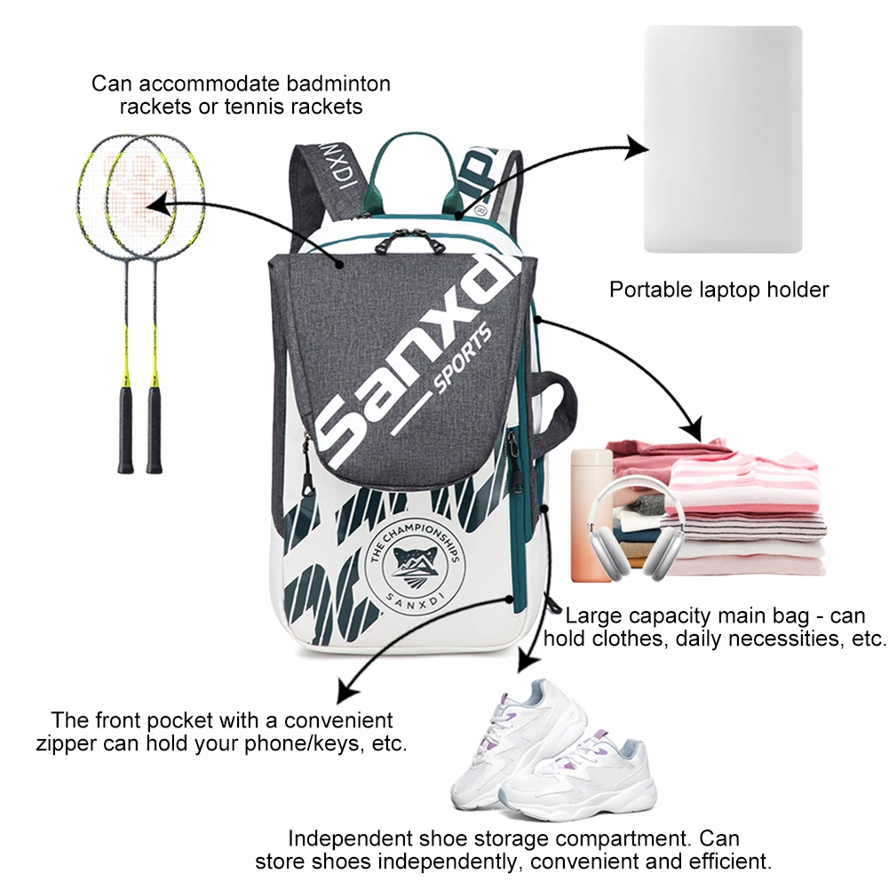 Portable 3 Tennis Rackets Bag Breathable Badminton Racket Backpack Multifunction Sports Backpack Expandable Sports Training Bag
