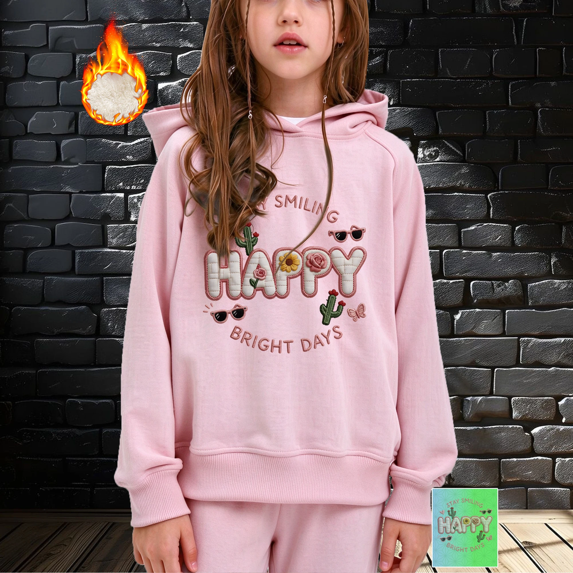 Girls Hoodie Happy Letter Cactus Sunglasses Printed Kids Hooded Sweatshirt 3-14Y Casual Daily Spring Autumn Top