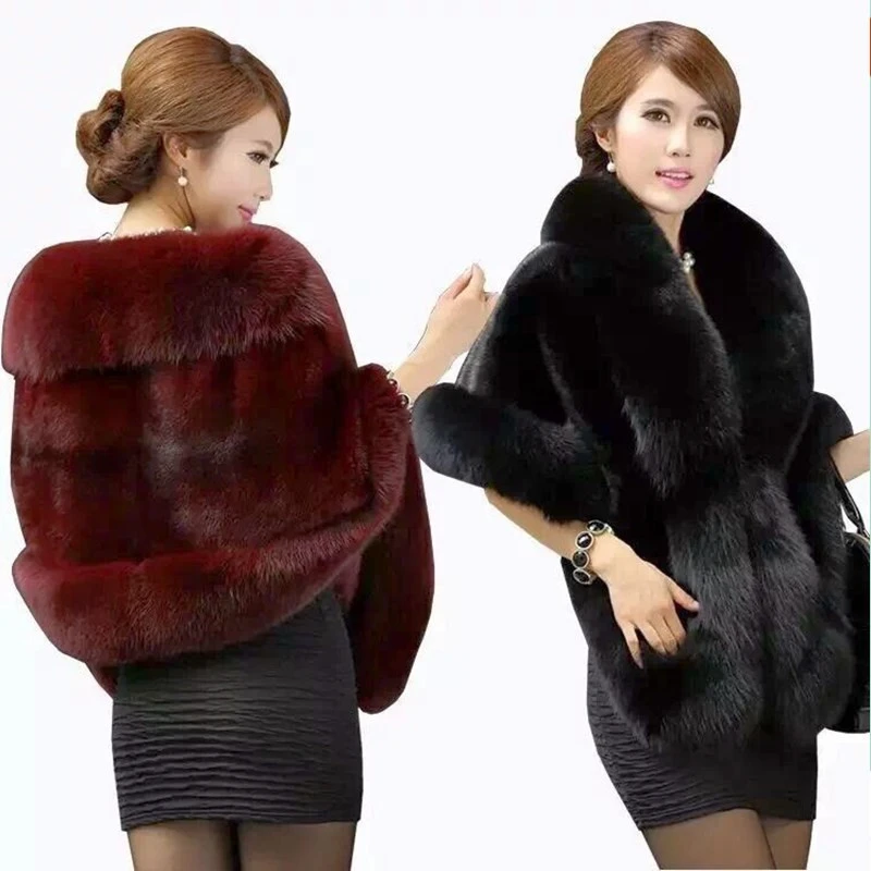 Women\'s Faux Fur Cape Jacket Winter Warm White / Black Burgundy Large Collar Short Section Young Lady 2024 New E100