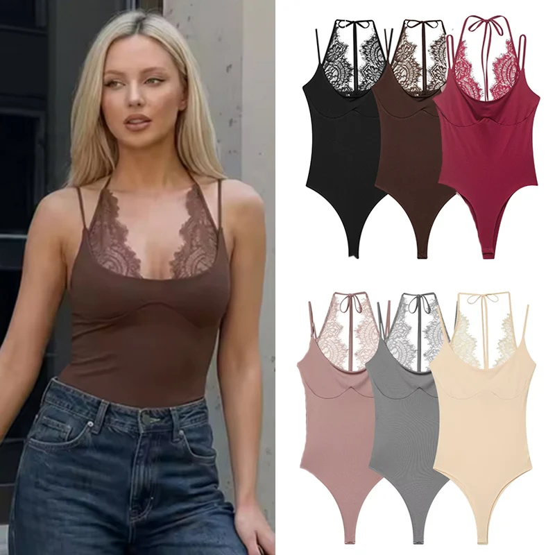 

Women's Jumpsuit 2026 New Fashion Summer Spliced Lace Bodysuit for Women Sexy Chic Personality Spaghetti Strap Ladies Bodysuit