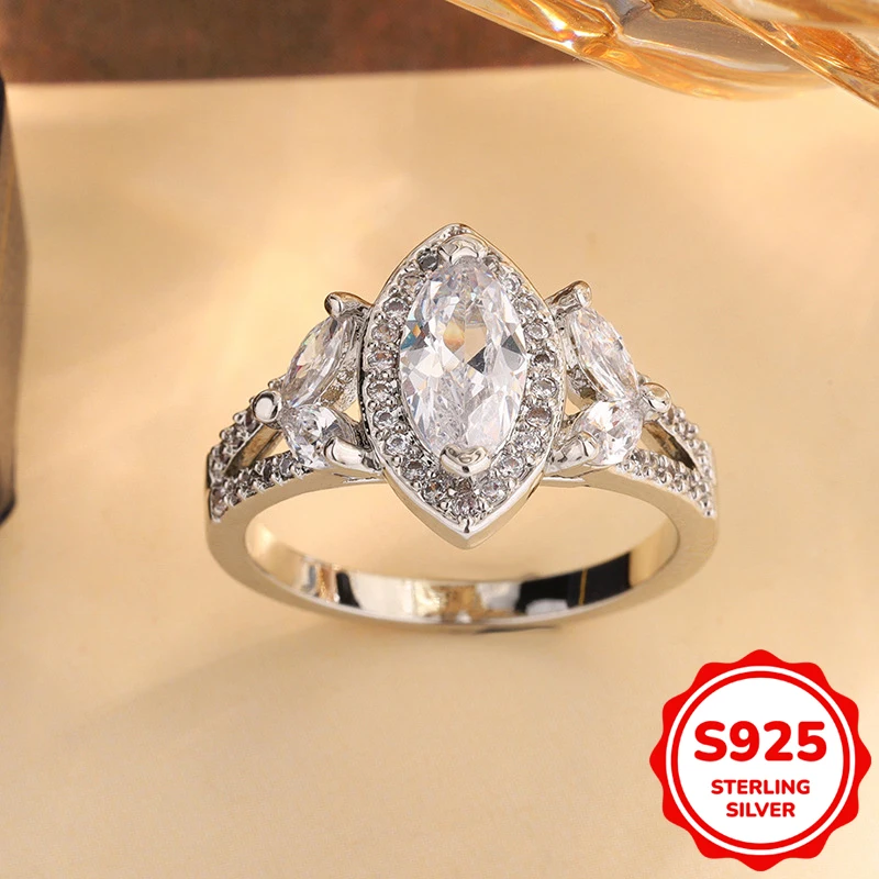 

Classic genuine S925 sterling silver oval water drop pear-shaped full diamond ring women's engagement gift jewelry