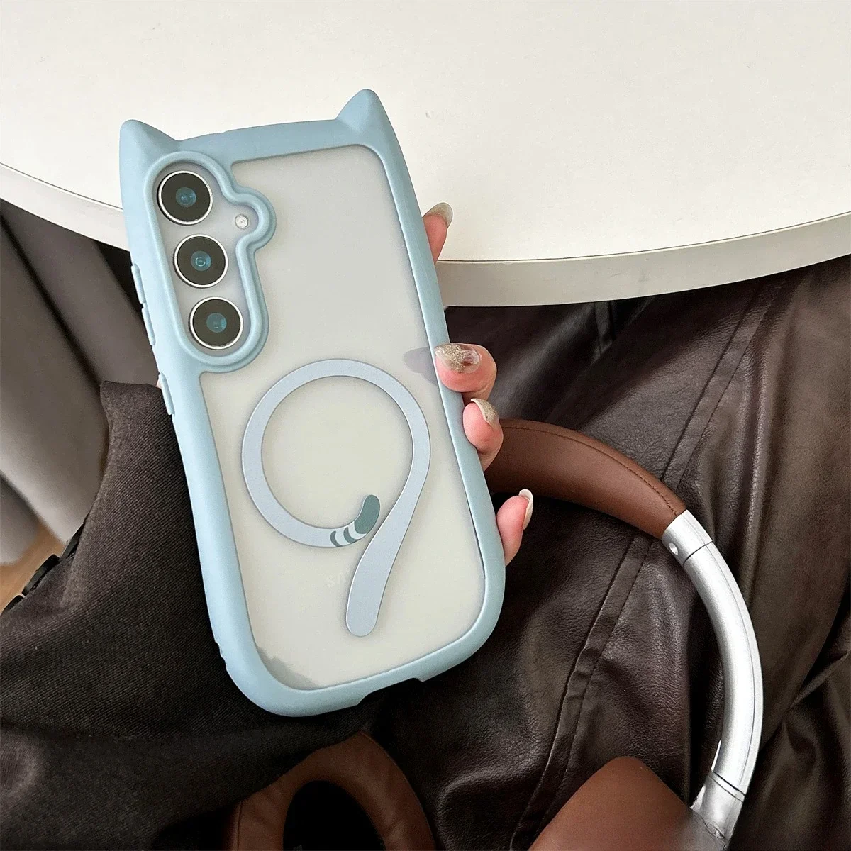 Cute Cat Ear Magsafe Phone Case For Samsung Galaxy S25 S24 S23 Plus S25Plus Transparent PC Magnetic Cover Wireless Charge Shell