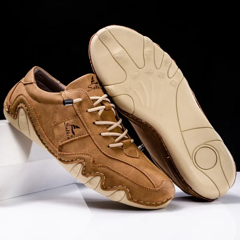 Fashion Handmade Men Leather Casual Shoes Luxury Cowhide Soft Leather Loafers 2025New Men Sneakers Outdoor Non Slip Hiking Shoes
