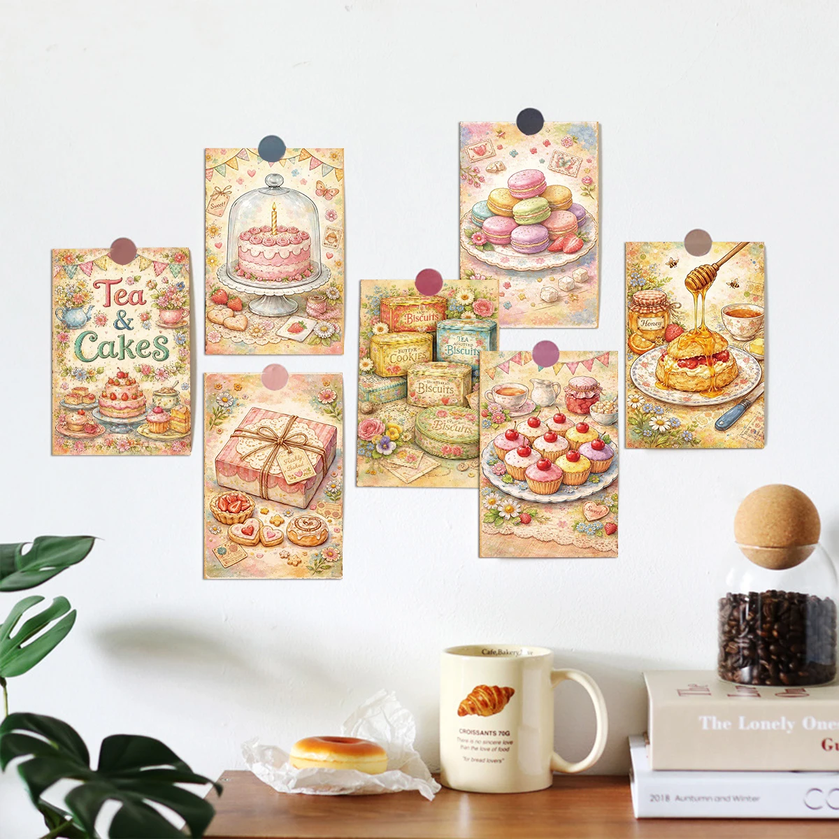 20 Stück Vintage-Postkarten mit Teeparty- und Dessertmotiven, Wanddekorationskarten mit Bäckerei-Thema, ästhetisches Journal-Zubehör, für Raumdekoration, Grußkarten – Detail 3