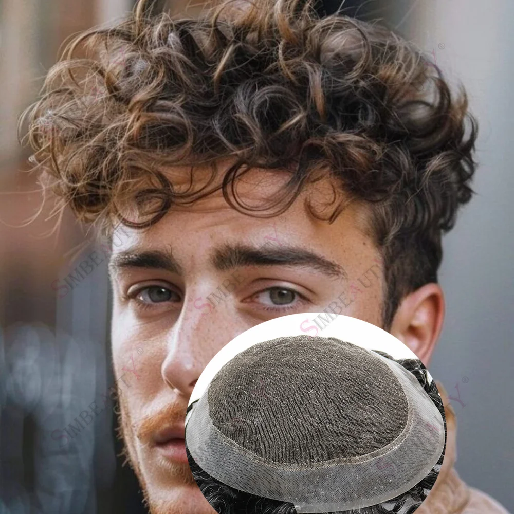 26 مللي متر شعر رمادي مجعد تنفس أستراليا السويسري الدانتيل ورقيقة بولي Base قاعدة شقراء الرجال الشعر المستعار بني داكن نظام الشعر البشري الاصطناعي #1