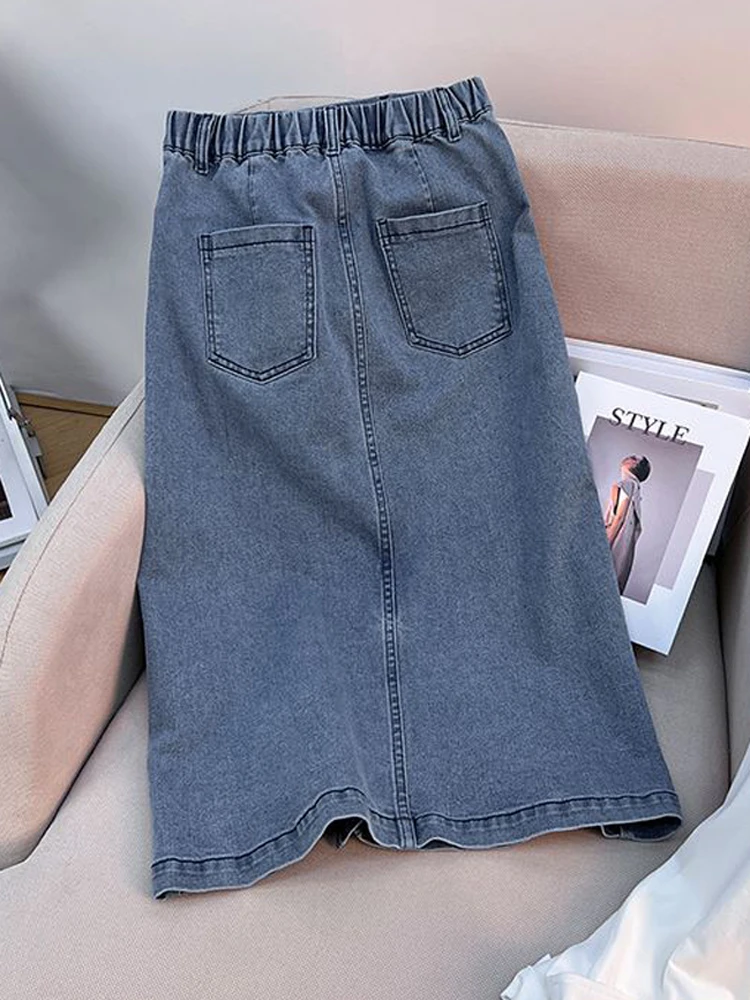 Retro Denim Skirt Women Summer New Elastic High Waisted Split A-line Mid Length Jean Skirt Fashion Rivet Double Pocket Skirts