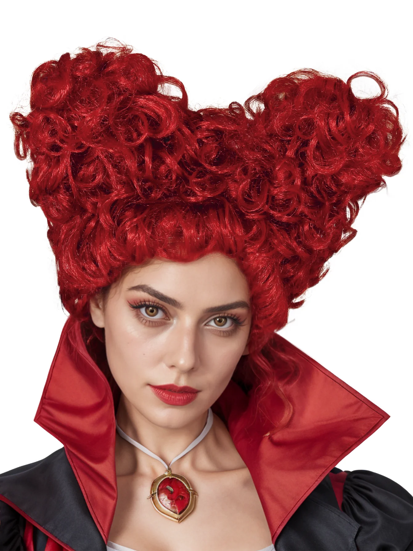 Red Queen Inspired Red Curly Double Bun Wig, Synthetic Hairpiece for Alice in Wonderland Cosplay, Halloween and Costume Parties image 2