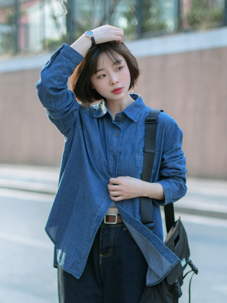 

Женская джинсовая рубашка в корейском стиле с гонконгским дизайном, модная новинка осени-лета, ретро-топ в стиле Salt System, высококачественная модель.